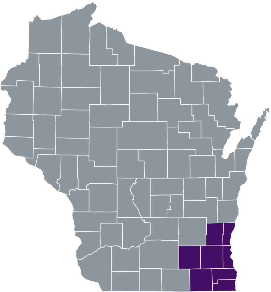 State of Wisconsin with counties served colored in